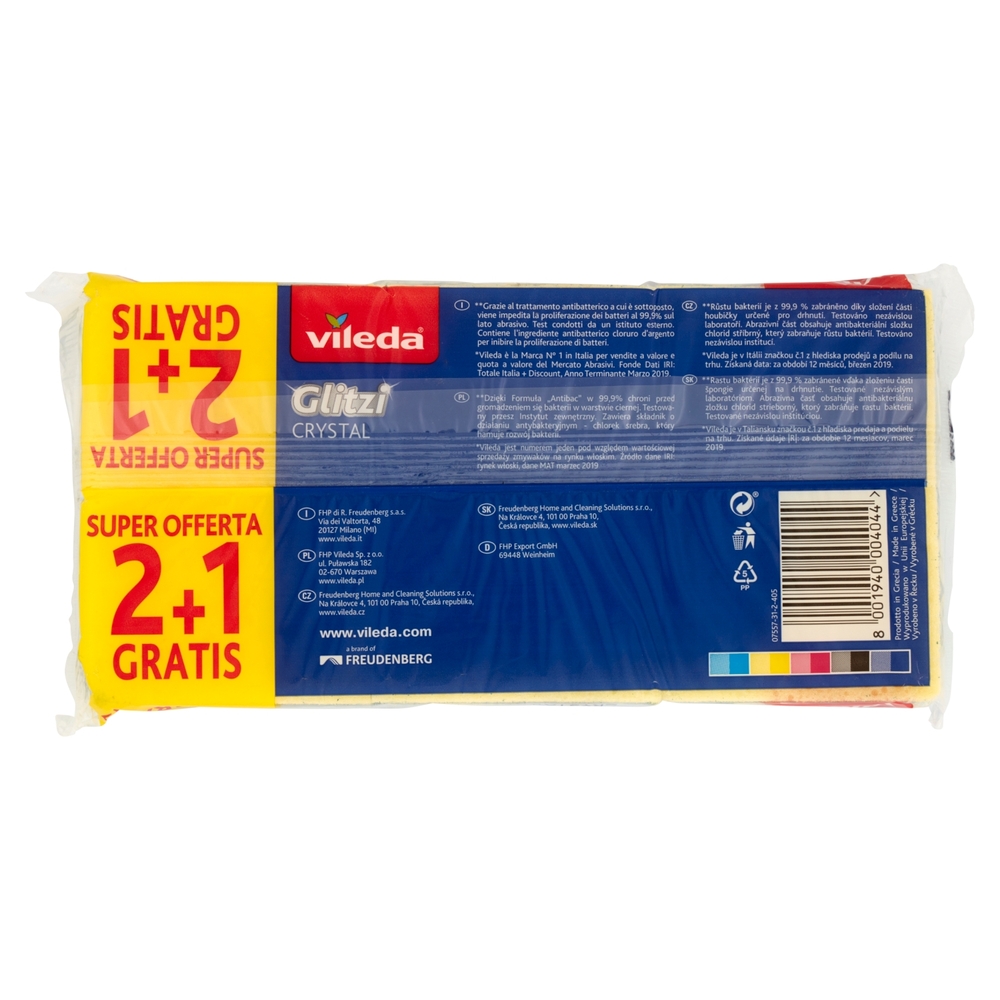 Vileda Glitzi Crystal - spugna abrasiva da cucina con trattamento antibatterico sulla fibra, 3x